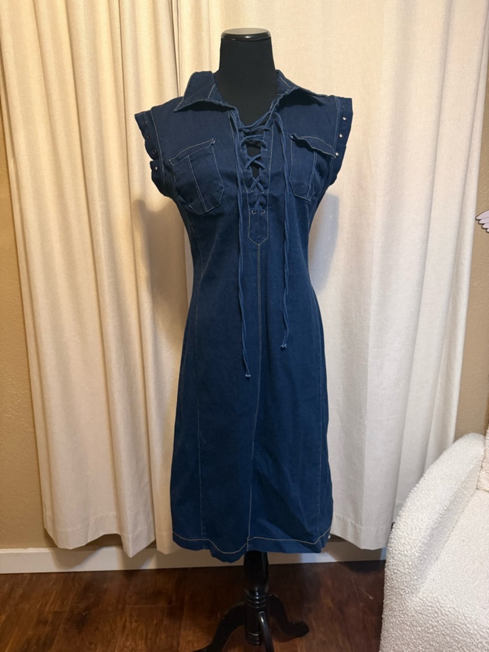 Navy Lace-Up Denim Dress